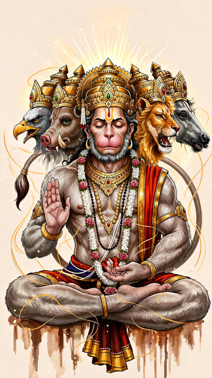 Panchamukhi Hanuman-Luxurious-Gods and Divine Art 3D Textured Wall Art | UV Printed Embossed Canvas Wall Frame for Home Decor,living Room