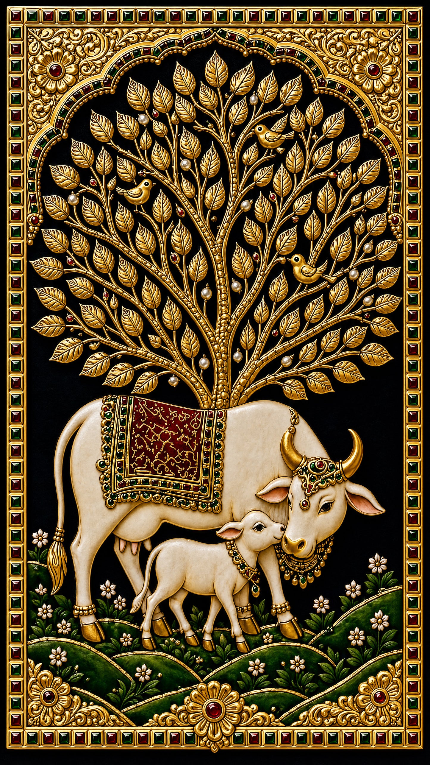 the golden cows-Luxurious-Indian Culture &  Folk Art 3D Textured Wall Art | UV Printed Embossed Canvas Wall Frame for Home Decor,living Room