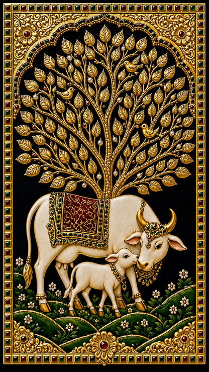 the golden cows-Luxurious-Indian Culture &  Folk Art 3D Textured Wall Art | UV Printed Embossed Canvas Wall Frame for Home Decor,living Room