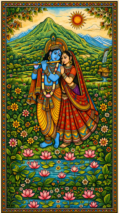 Serenade in the Valley radha krishn-Luxurious-Gods and Divine Art 3D Textured Wall Art | UV Printed Embossed Canvas Wall Frame for Home Decor,living Room