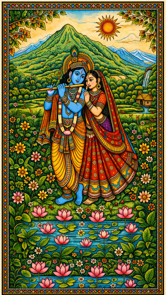Serenade in the Valley radha krishn-Luxurious-Gods and Divine Art 3D Textured Wall Art | UV Printed Embossed Canvas Wall Frame for Home Decor,living Room