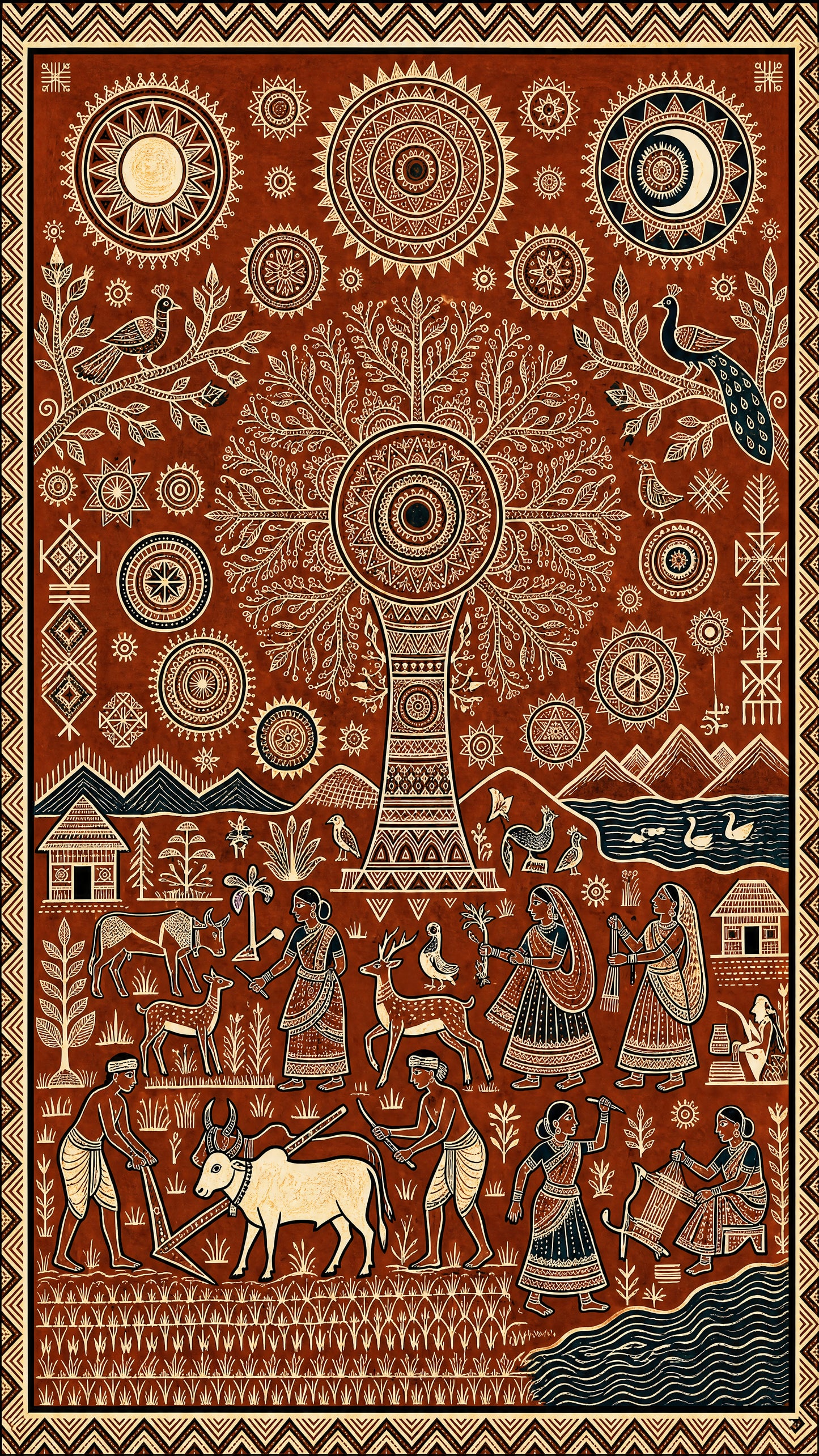 Sacred Roots: The Cosmic Tree of Life-Luxurious-Indian Culture &  Folk Art 3D Textured Wall Art | UV Printed Embossed Canvas Wall Frame for Home Decor,living Room