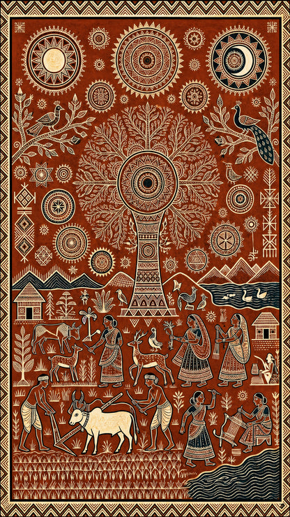 Sacred Roots: The Cosmic Tree of Life-Luxurious-Indian Culture &  Folk Art 3D Textured Wall Art | UV Printed Embossed Canvas Wall Frame for Home Decor,living Room
