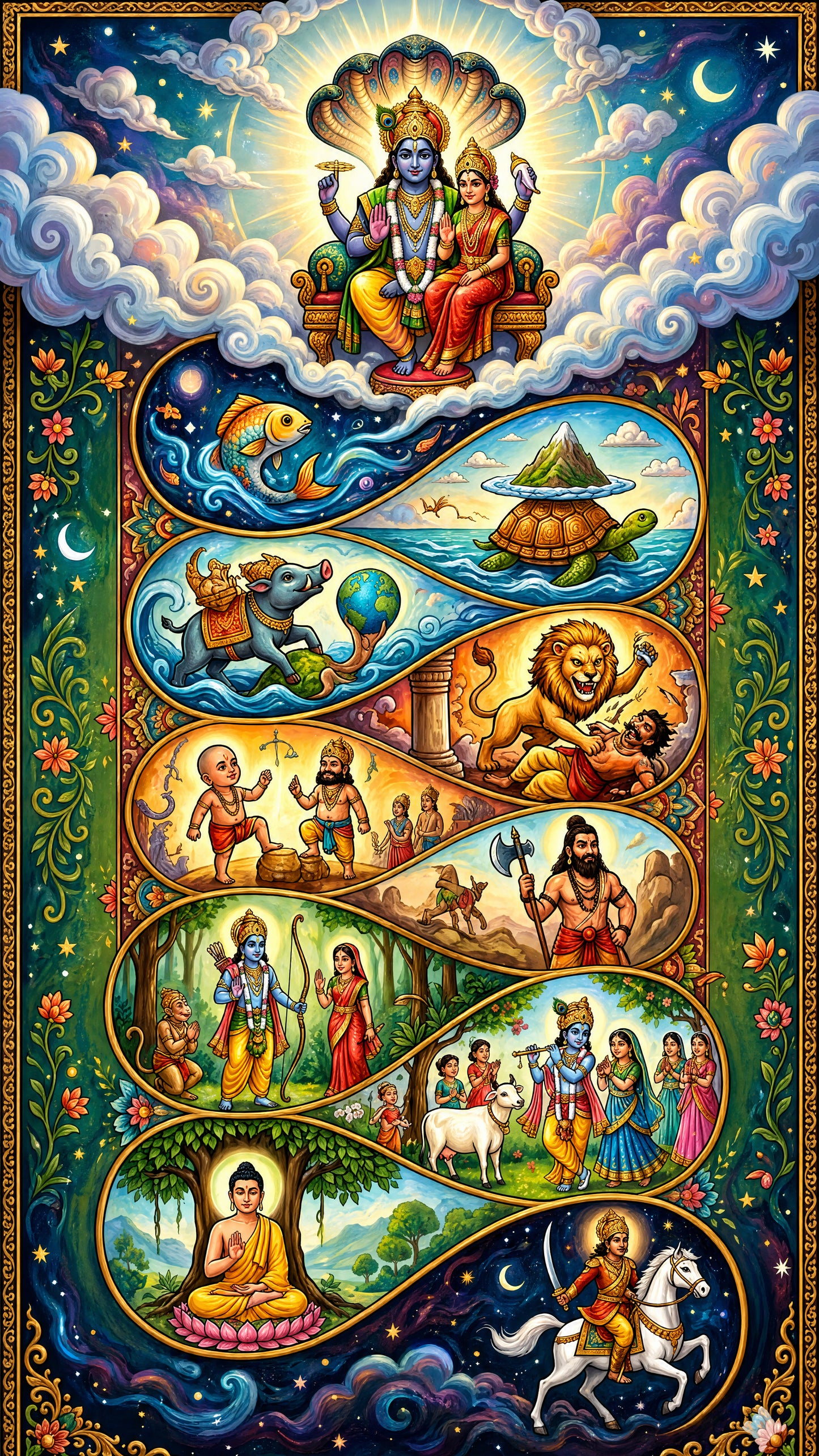 Dashavatara: The Ten Cosmic Incarnations of Lord Vishnu-Luxurious-Gods and Divine Art 3D Textured Wall Art | UV Printed Embossed Canvas Wall Frame for Home Decor,living Room
