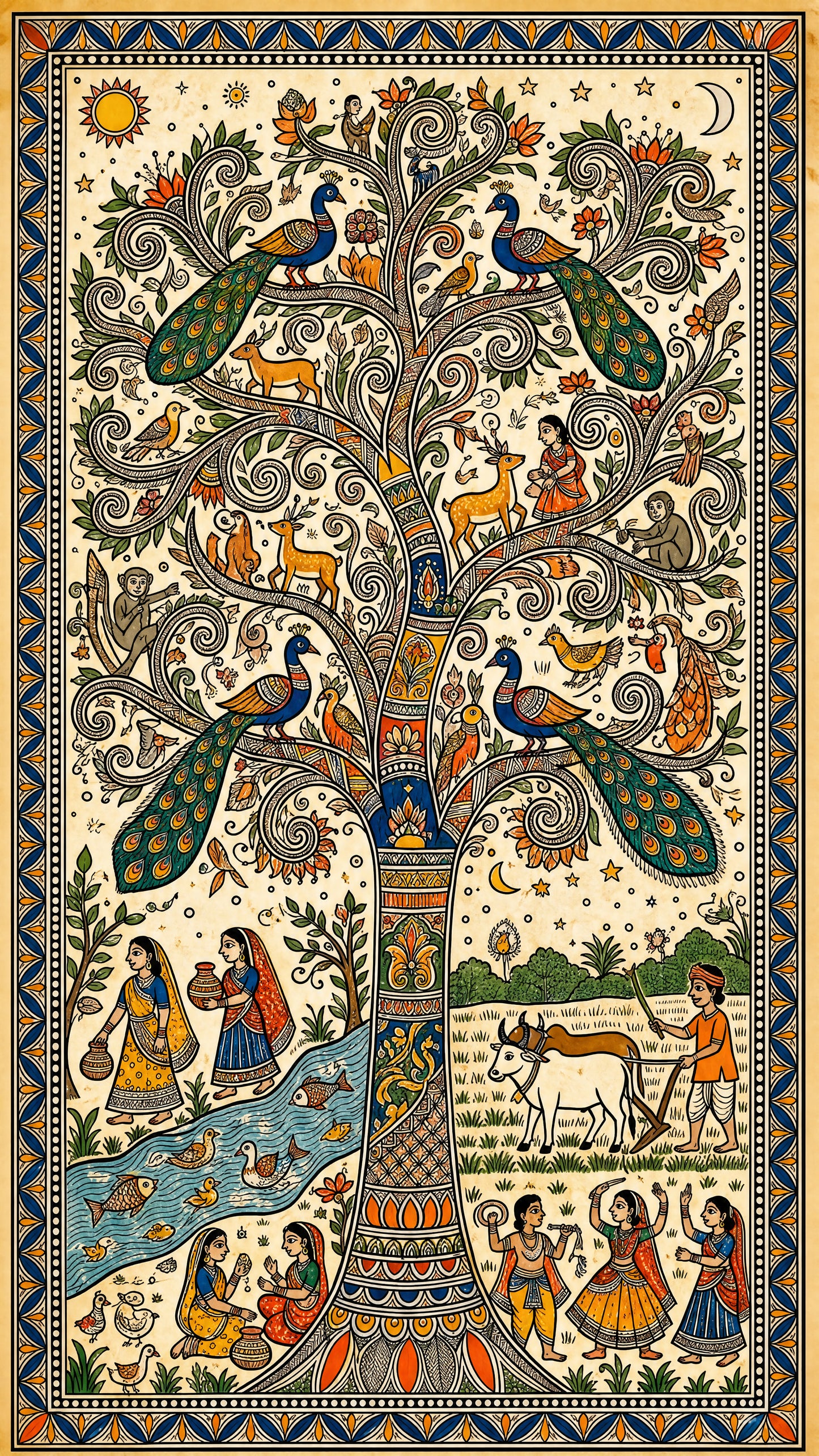 Madhubani (Mithila) -Luxurious-Culture, Heritage & Folk Art 3D Textured Wall Art | UV Printed Embossed Canvas Wall Frame for Home Decor,living Room