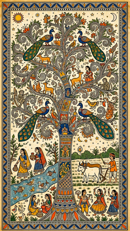 Madhubani (Mithila) -Luxurious-Culture, Heritage & Folk Art 3D Textured Wall Art | UV Printed Embossed Canvas Wall Frame for Home Decor,living Room