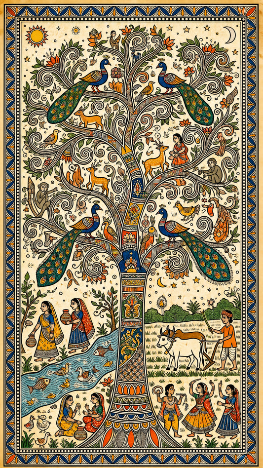 Madhubani (Mithila) -Luxurious-Culture, Heritage & Folk Art 3D Textured Wall Art | UV Printed Embossed Canvas Wall Frame for Home Decor,living Room