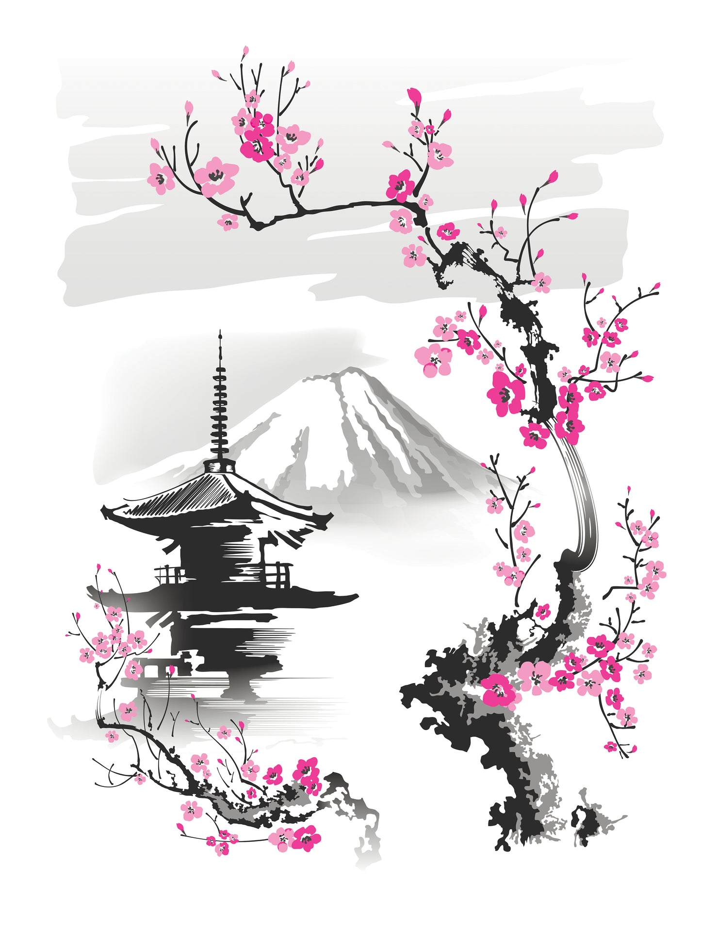 pagoda-sakura-branch-on-background-mountain--Luxurious-Nature and landscape | 3D Textured Wall Art | UV Printed Embossed Canvas Wall Frame for Home Decor,Living Room