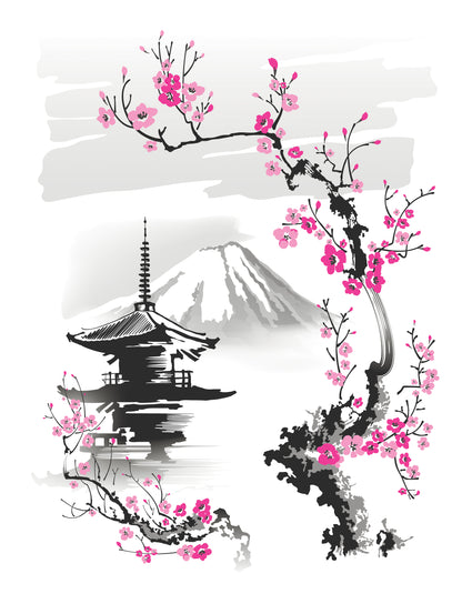 pagoda-sakura-branch-on-background-mountain--Luxurious-Nature and landscape | 3D Textured Wall Art | UV Printed Embossed Canvas Wall Frame for Home Decor,Living Room