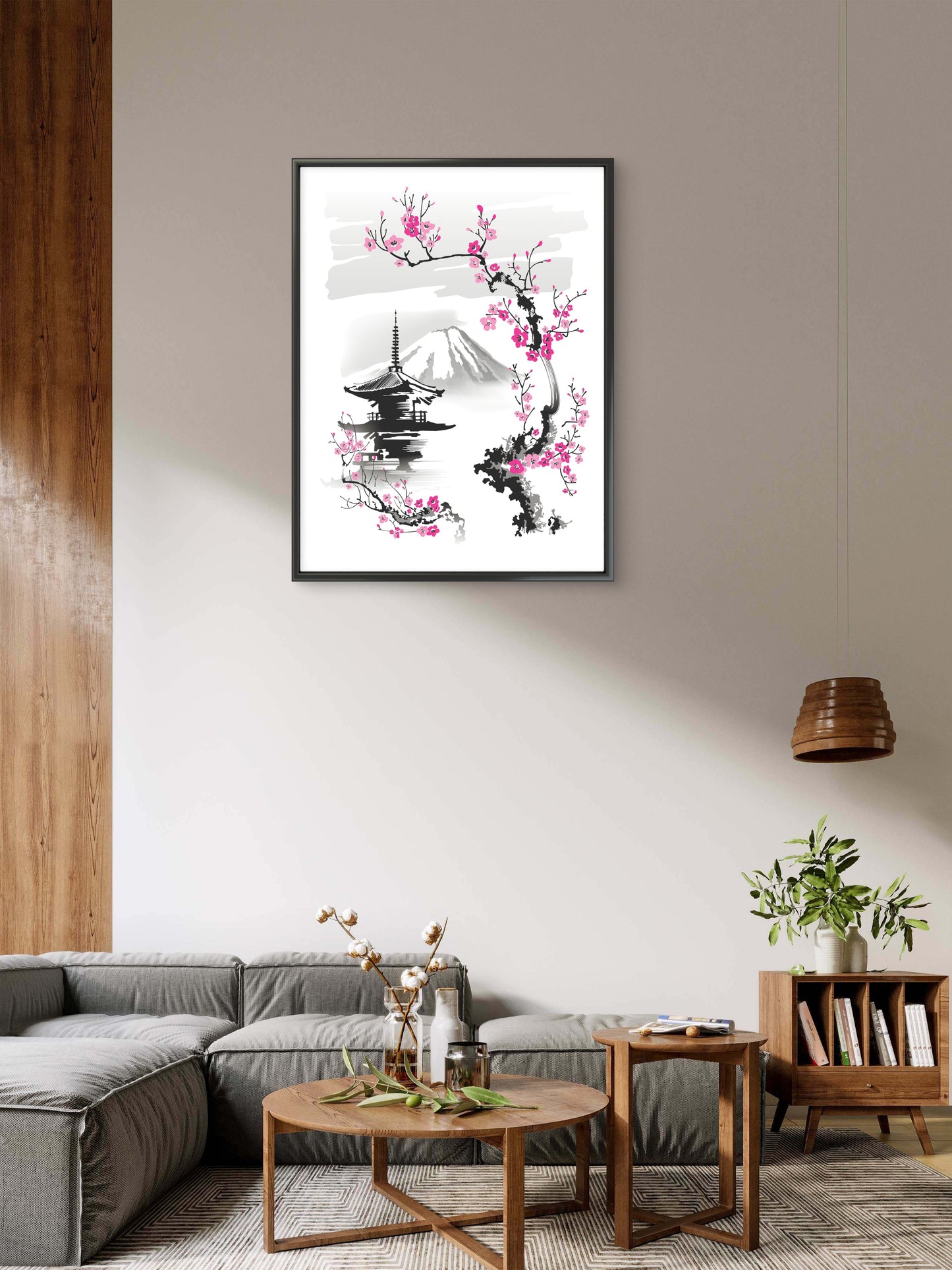 pagoda-sakura-branch-on-background-mountain--Luxurious-Nature and landscape | 3D Textured Wall Art | UV Printed Embossed Canvas Wall Frame for Home Decor,Living Room