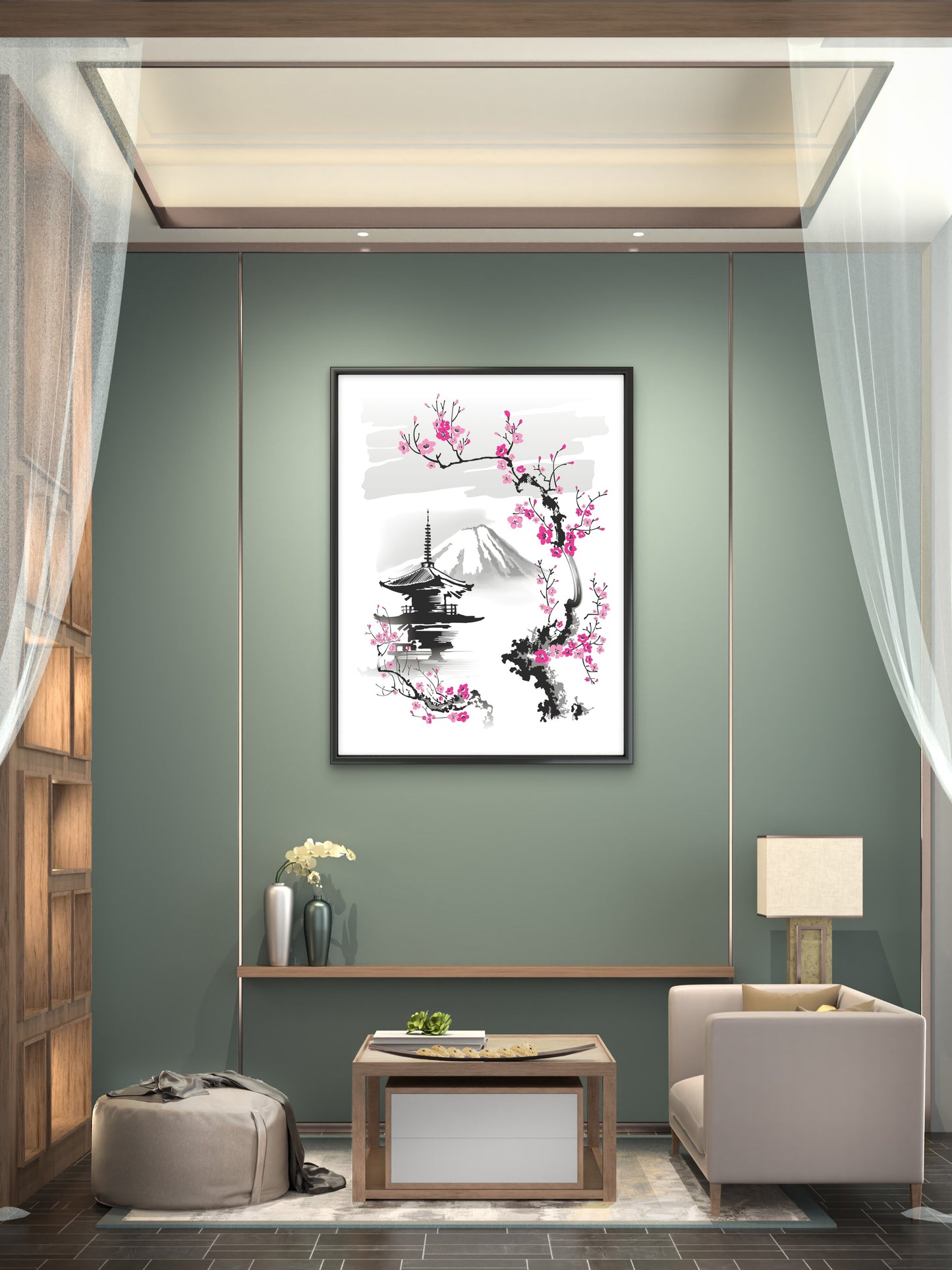 pagoda-sakura-branch-on-background-mountain--Luxurious-Nature and landscape | 3D Textured Wall Art | UV Printed Embossed Canvas Wall Frame for Home Decor,Living Room