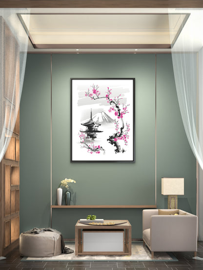 pagoda-sakura-branch-on-background-mountain--Luxurious-Nature and landscape | 3D Textured Wall Art | UV Printed Embossed Canvas Wall Frame for Home Decor,Living Room