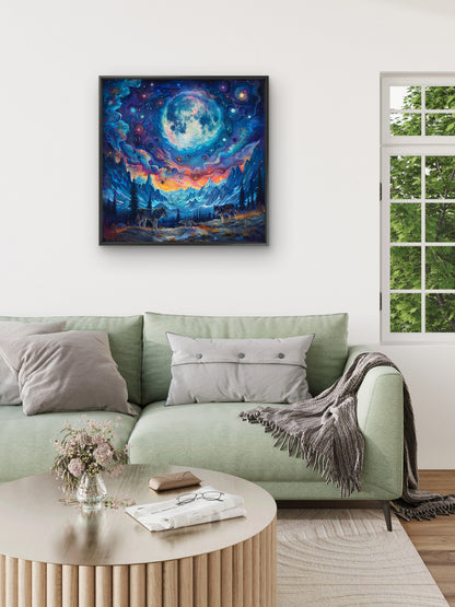 Deers-woods-with-stars-deers-Premium-Cosmic & Fantasy-3D Textured Wall Art | UV Embossed Canvas Wall Frame for Kids room and living room