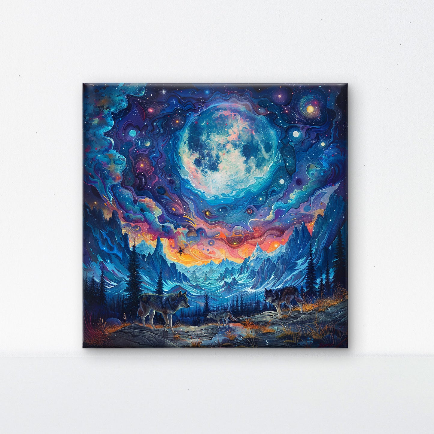 Deers-woods-with-stars-deers-Premium-Cosmic & Fantasy-3D Textured Wall Art | UV Embossed Canvas Wall Frame for Kids room and living room