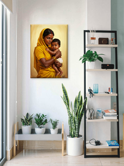 a-mother-holding-her-baby-Luxurious-Indian Culture &  Folk Art 3D Textured Wall Art | UV Printed Embossed Canvas Wall Frame for Home Decor,living Room