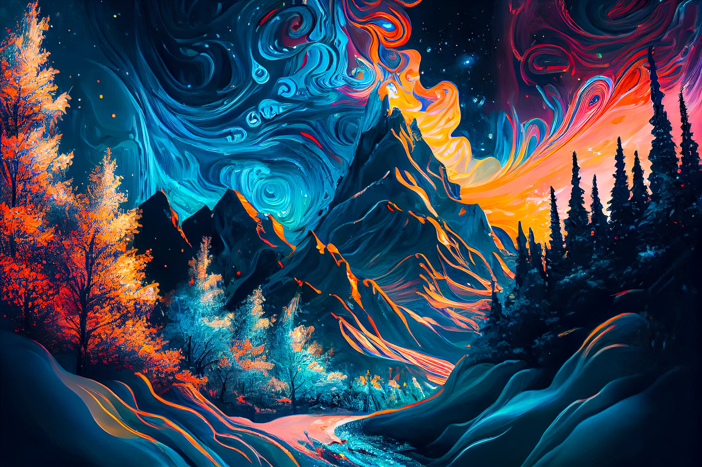 Mountain-landscape-with-river-Luxurious-Cosmic & Fantasy-3D Textured Wall Art | UV Embossed Canvas Wall Frame for Kids room and living room