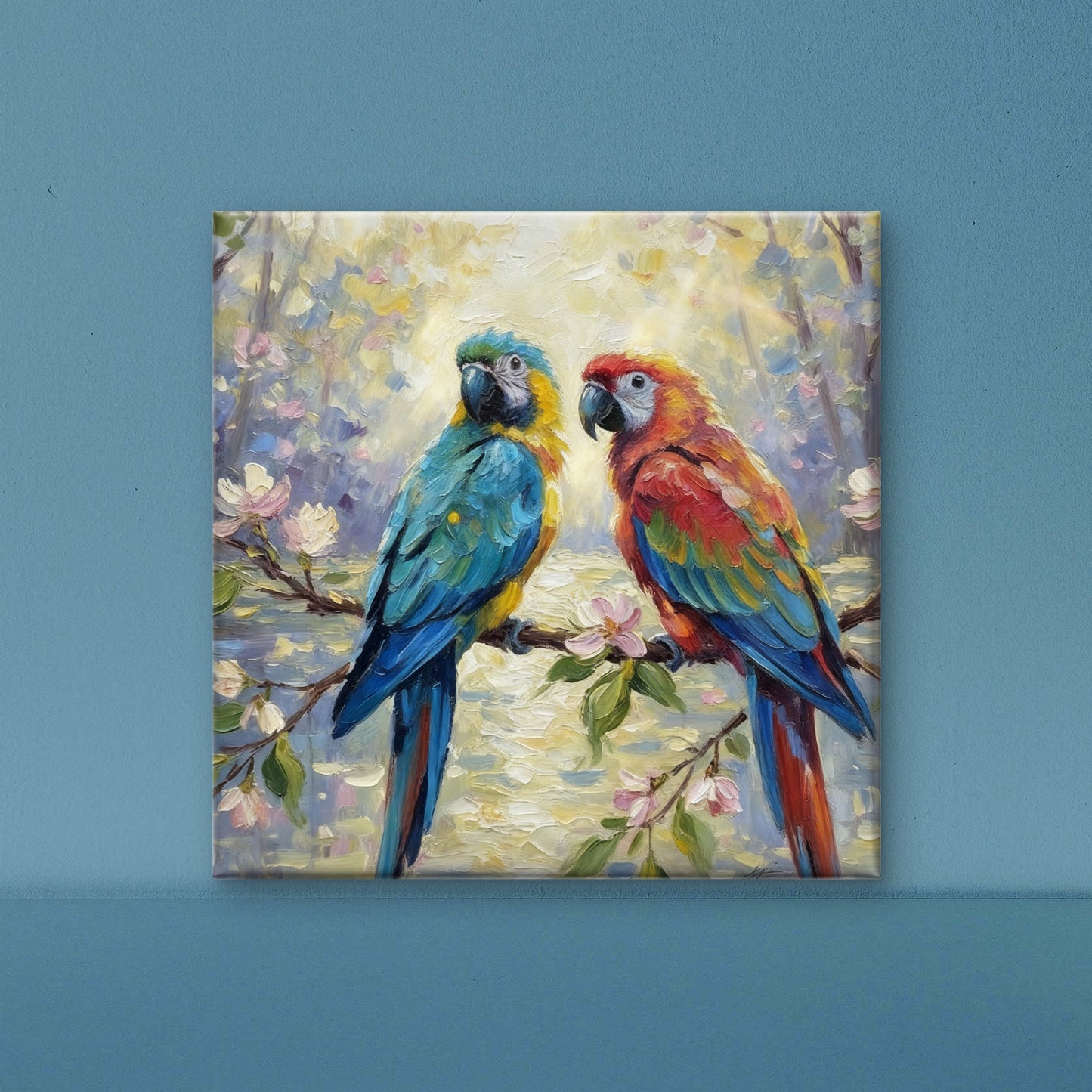 parrot on a Flowering Branch-Luxurious-Wildlife & Animals-3D Textured Wall Art | UV Embossed Canvas Wall Frame for Home decor