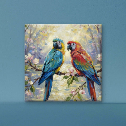 parrot on a Flowering Branch-Luxurious-Wildlife & Animals-3D Textured Wall Art | UV Embossed Canvas Wall Frame for Home decor