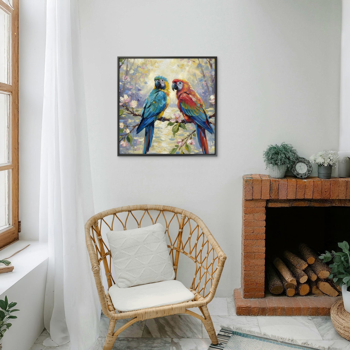 parrot on a Flowering Branch-Luxurious-Wildlife & Animals-3D Textured Wall Art | UV Embossed Canvas Wall Frame for Home decor