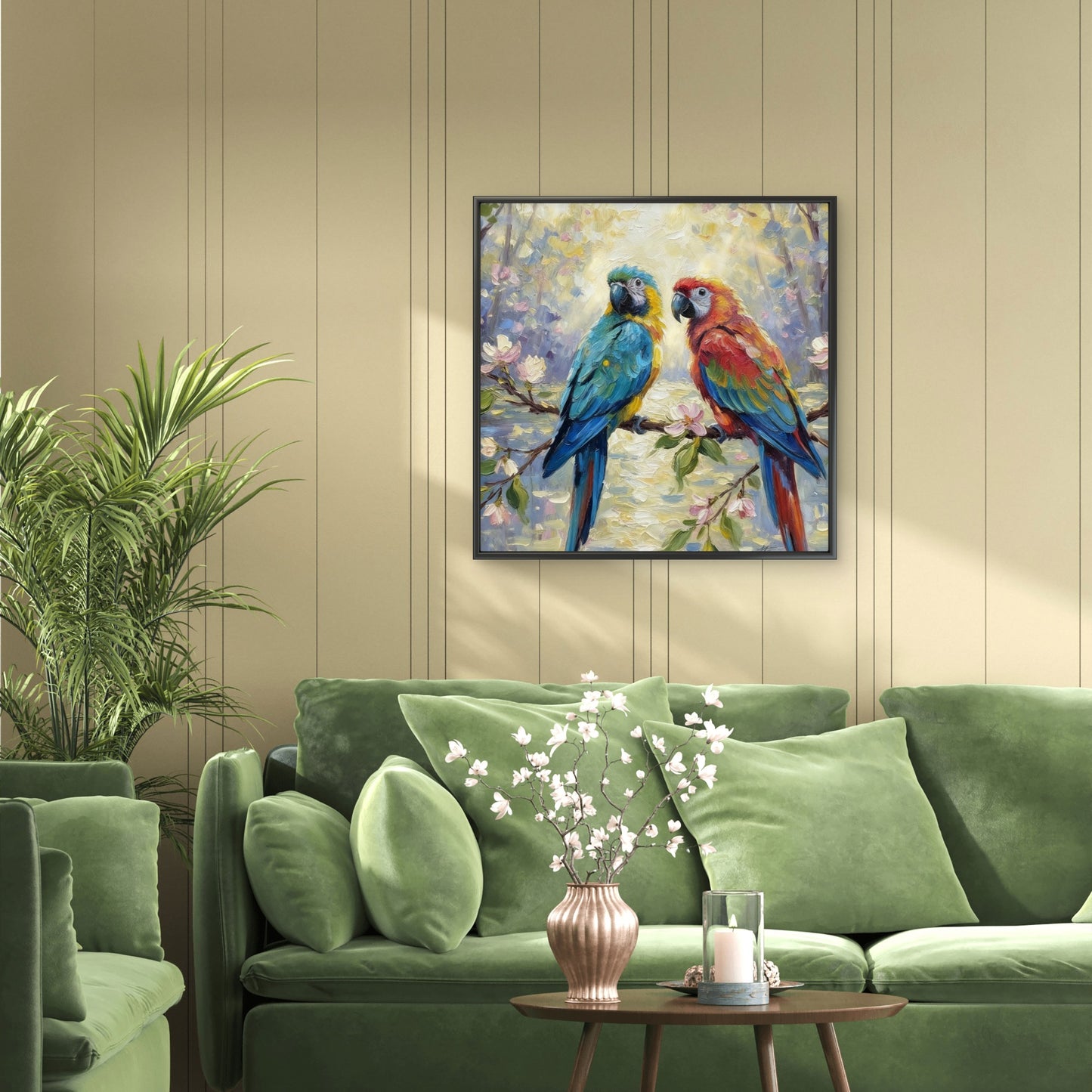 parrot on a Flowering Branch-Luxurious-Wildlife & Animals-3D Textured Wall Art | UV Embossed Canvas Wall Frame for Home decor