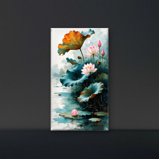 pink_lotus_blossoms_teal_leaves Luxurious-Floral & Botanical -3D Textured Wall Art | UV Embossed Canvas Wall Frame for Home decor