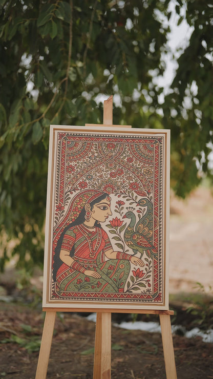 Girl with the Peacock -Luxurious-Indian Culture &  Folk Art 3D Textured Wall Art | UV Printed Embossed Canvas Wall Frame for Home Decor,living Room