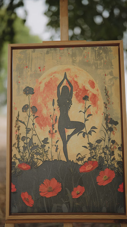 yoga silhouette against a large orange moon surrounded by stylized floral elements-Luxurious-Serenity & Wellness-3D Textured Wall Art | UV Embossed Canvas Wall Frame for Meditation Space