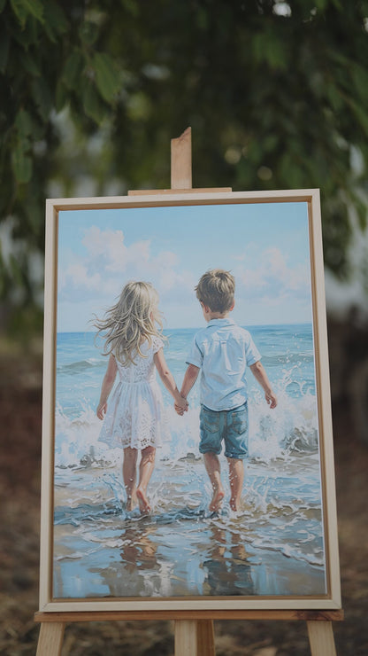 Coastal Children Walking-Premium-Kids & Whimsical-3D Textured Wall Art | UV Embossed Canvas Wall Frame for Kids room