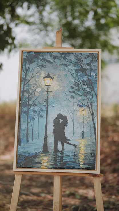 A couple embracing under streetlights on a rainy night-Luxurious-Love & Togetherness-3D Textured Wall Art | UV Embossed Canvas Wall Frame for bed room