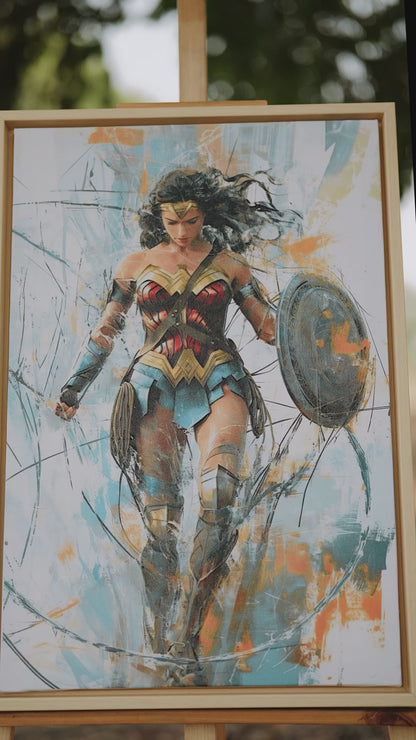 This powerful, abstract-style portrait of Wonder Woman-Premium-Kids & Whimsical-3D Textured Wall Art | UV Embossed Canvas Wall Frame for Kids room,