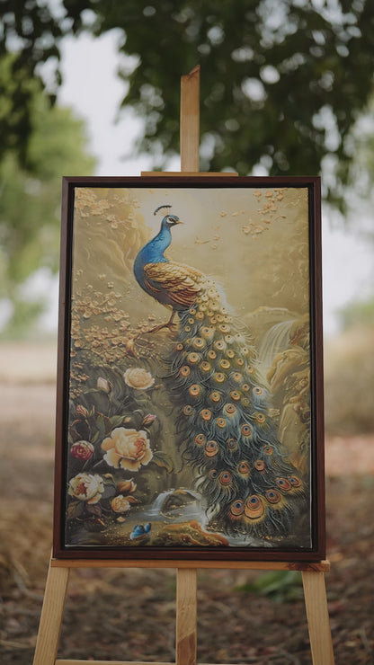 The Golden Peacock and the Waterfall-Luxurious-Wildlife & Animals-3D Textured Wall Art | UV Embossed Canvas Wall Frame for Home decor