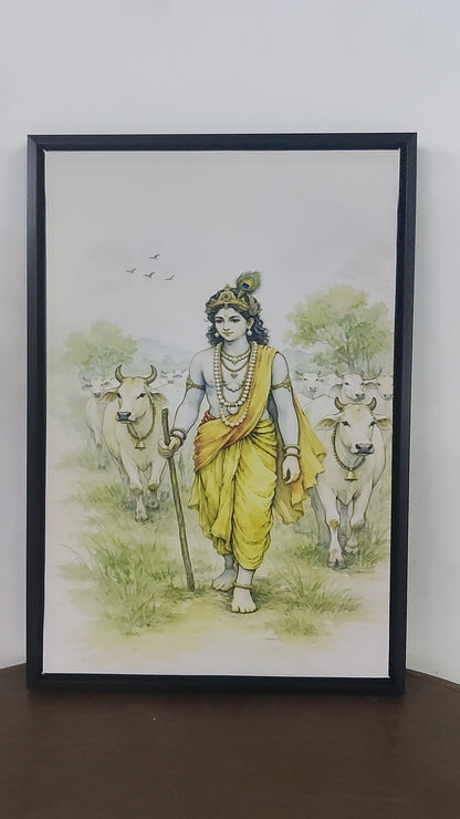 The Hindu deity Lord Krishna herding a group of sacred cows-Luxurious-Spiritul & Mindful-3D Textured Wall Art | UV Embossed Canvas Wall Frame for Home decor