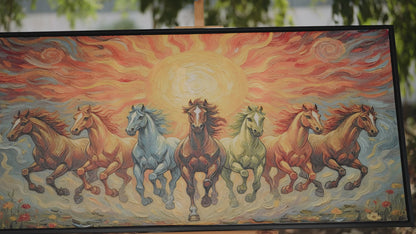 7 Running Horses with Rising Sun-Luxurious-Wildlife & Animals-3D Textured Wall Art | UV Embossed Canvas Wall Frame for Home decorand living room