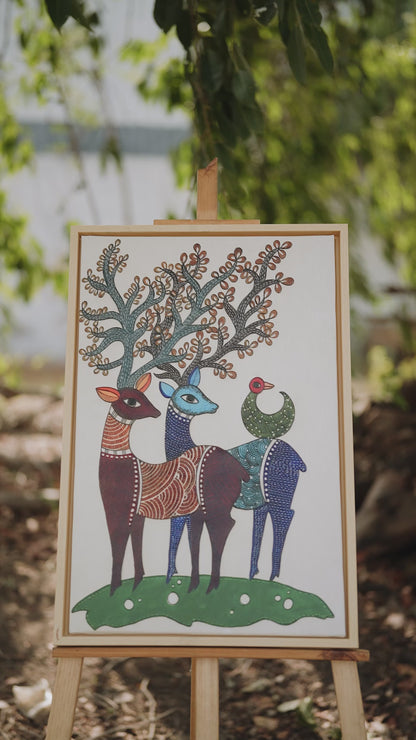 Deer Family with Birds-Luxurious-Indian Culture &  Folk Art 3D Textured Wall Art | UV Printed Embossed Canvas Wall Frame for Home Decor,living Room