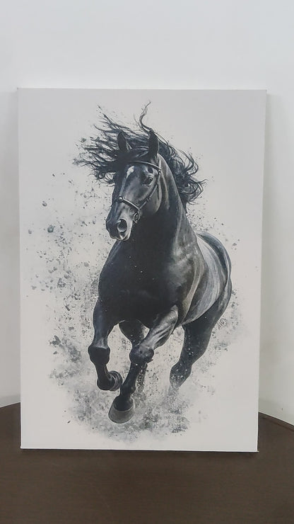 A majestic black horse running amidst a stark white background with artistic ink splatter effects-Luxurious-Wild life & animal -3D Textured Wall Art | UV Embossed Canvas Wall Frame for Home decor