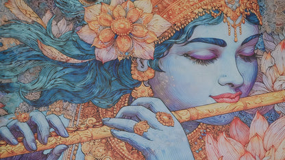 Lord Krishna playing his flute-Luxurious-Spiritual & Mindful 3D Textured Wall Art | UV Printed Embossed Canvas Wall Frame for Prayer room ,Meditation Space