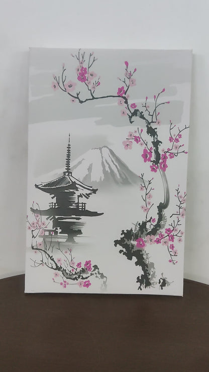 pagoda-sakura-branch-on-background-mountain--Luxurious-Nature and landscape | 3D Textured Wall Art | UV Printed Embossed Canvas Wall Frame for Home Decor,Living Room