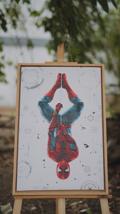 This stylized artwork featuring an upside-down Spider-Man-Luxury-Kids & Whimsical-3D Textured Wall Art | UV Embossed Canvas Wall Frame for Kids room
