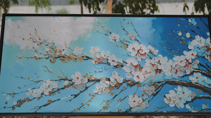 Cherry-sakura-blossom-White-Flower-Premium-Floral & Botanical-3D Textured Wall Art | UV Embossed Canvas Wall Frame for home decor and bed room