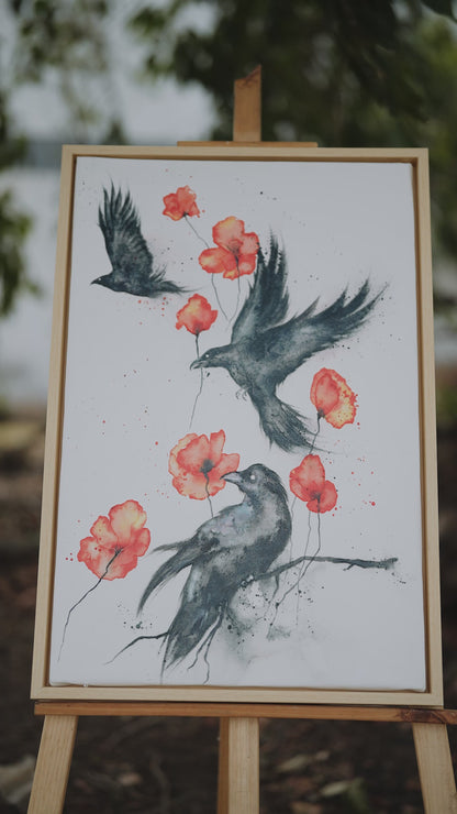 black-ravens-red-poppies-Luxurious-Wildlife & Animals-3D Textured Wall Art | UV Embossed Canvas Wall Frame for Home decor