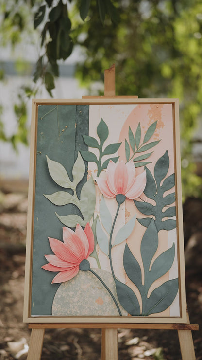 Flower in shades of pink and green leaves on a pastel background-Premium-Floral & Botanical-3D Textured Wall Art | UV Embossed Canvas Wall Frame for home decor and bed room