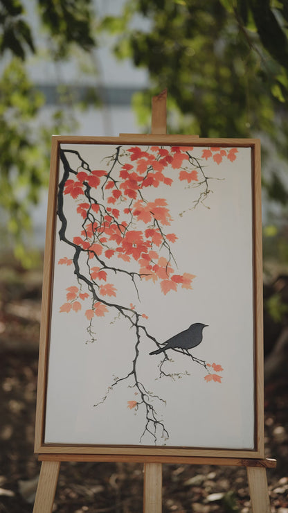 The Crow and the Autumn Maple-Luxury-Floral & Botanical-3D Textured Wall Art | UV Embossed Canvas Wall Frame for home decor and living room