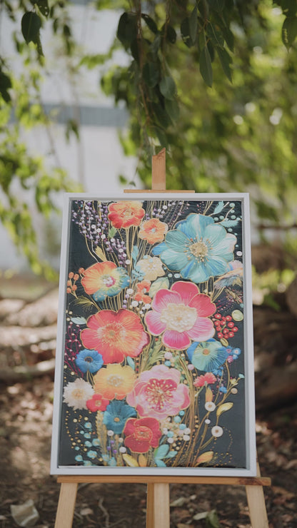 Embroidery textured spring flowers Elegent-Floral & Botanical-3D Textured Wall Art | UV Embossed Canvas Wall Frame for home decor and bed room