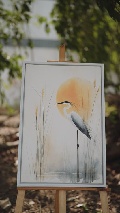 The Egret and the Golden Sun-Luxurious-Wildlife & Animals-3D Textured Wall Art | UV Embossed Canvas Wall Frame for Home decor