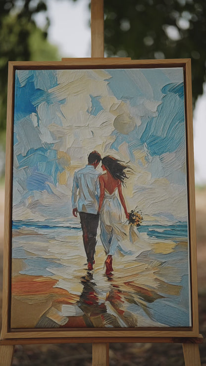 A couple walking in the water-Luxurious-Love & Togetherness-3D Textured Wall Art | UV Embossed Canvas Wall Frame for bed room