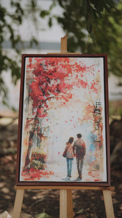 Autumn Romance A Walk in the Falling Leaves-Luxurious-Love & Togetherness-3D Textured Wall Art | UV Embossed Canvas Wall Frame for bed room