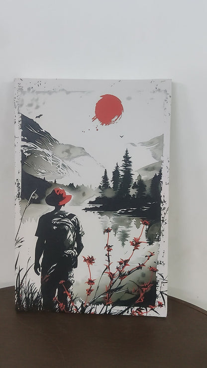 woman-stands-front-lake-with-red-flower-Luxurious-Nature and landscape | 3D Textured Wall Art | UV Printed Embossed Canvas Wall Frame for Home Decor,Living Room