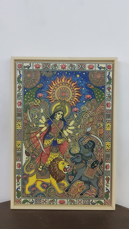 A traditional Madhubani-style painting depicting the Hindu goddess Durga in a battle scene-Luxurious-Indian Culture &  Folk Art-3D Textured Wall Art | UV Embossed Canvas Wall Frame for Home decor