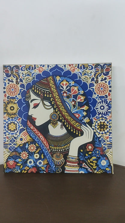 Indian tradional woman in floral Pattern-Luxurious-Indian Culture &  Folk Art-3D Textured Wall Art | UV Embossed Canvas Wall Frame for Home decor