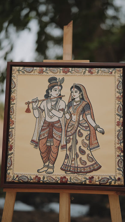 Radha-Krishna-standing-together-Luxurious-Kalamkari Art 3D Textured Wall Art | UV Printed Embossed Canvas Wall Frame for Home Decor,living Room